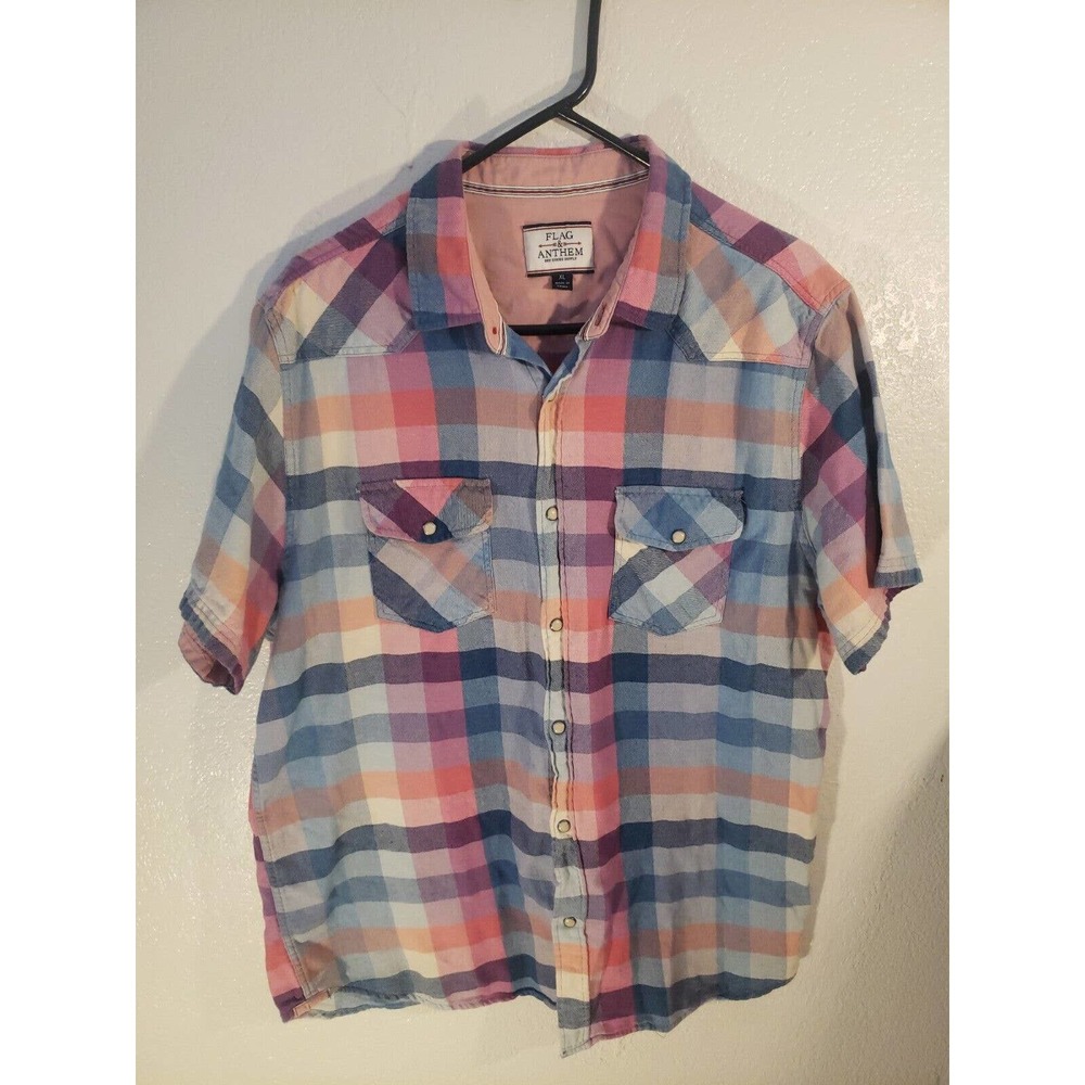 Flag & Anthem Shirt Mens XL Plaid Pearl Snap Short Sleeve Pockets Western